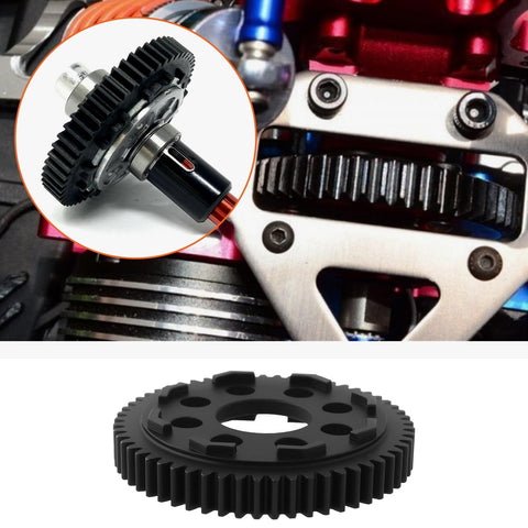 Close-up of a 32P 0.8 Mod 57T Carbon Steel Spur Gear for Arrma 1/10 3S RC Cars installed in a drivetrain component