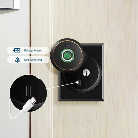 Smart Fingerprint Deadbolt With App Bluetooth For Front Door Keyless Entry Lock 0.3 Second Unlock Biometric 360 Degree ID No Key Fumbles Back Up Keys Electronic Door Knob Three In One Unlock For Home Security installed on wooden door showing fingerprint scanner.