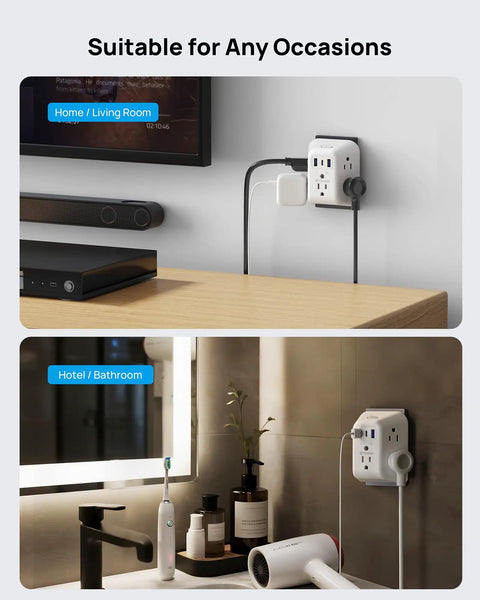5 Outlet USB Wall Plug Extender With USB C Port And 1440J Surge Protector on wall in living room and bathroom setup