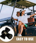 Golf Cart Rear Leaf Spring Bushing Kit Lightweight Rubber And Metal Suspension Bushings Replacement Easy Install No Tools Needed For Durable Ride And Quick Swap. Image shows bushing kit in detail with a person on a golf cart in the background, highlighting ease of use and installation.