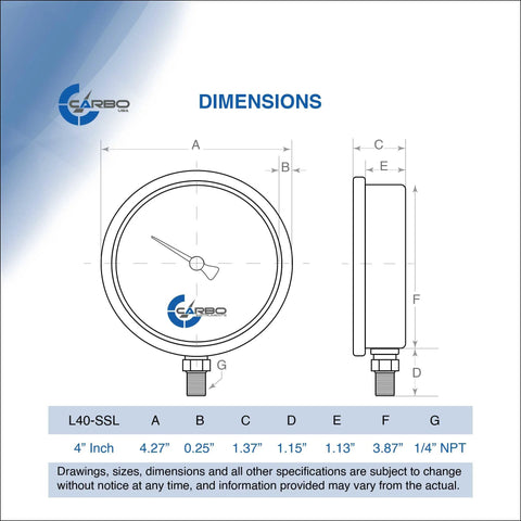 Front and side views of CARBO 4-inch pressure gauge with stainless steel case and 1/4 NPT lower mount.