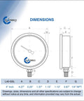 Glycerin Filled Pressure Gauge Pro Grade 10000 PSI Four Inch Dial One Quarter NPT Lower Mount 304 Stainless Steel Case Brass Wetted Parts Dual Scale PSI Bar ASME B40.1 Grade A Accuracy Liquid Dampening For Steady Readings dimensions drawing