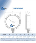 Dimensions diagram of Glycerin Filled 3000 PSI Pressure Gauge With Large 4 Inch Dial, 1 Quarter NPT Lower Mount, side and front view