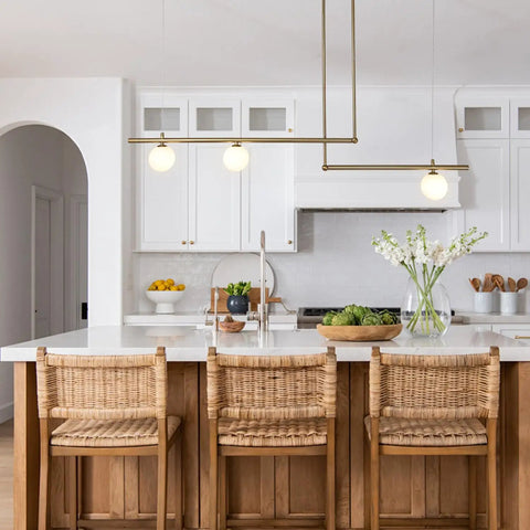 Kitchen view with Three Light Glass Globe Linear Chandelier In Gold Finish Pendant Light For Living Room Dining Room Kitchen Island Modern Industrial Ceiling Fixture With Gold Glass Shade Options And Easy Install Mounts over island