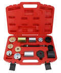 Front view of BTSHUB bearing puller kit in red plastic case with metal bushings and puller rod.