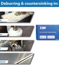 Front view: TJR 6-piece countersink set, HSS coated; blue box with wood, plastic, steel, aluminum.