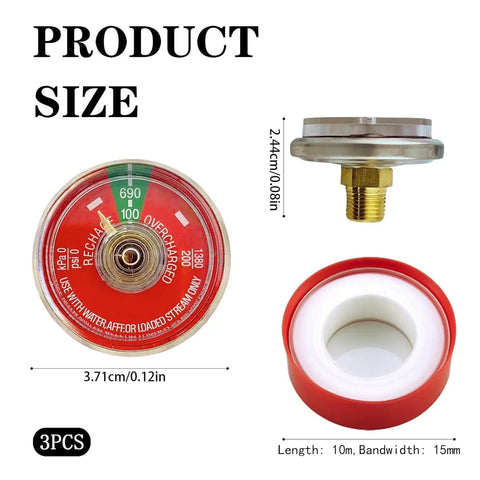 Kickass Heavy Duty Brass And Stainless Steel Water Fire Extinguisher Pressure Gauge With Bright Green Safety Zone Dial rated one to 100 PSI, showing size and threaded port.