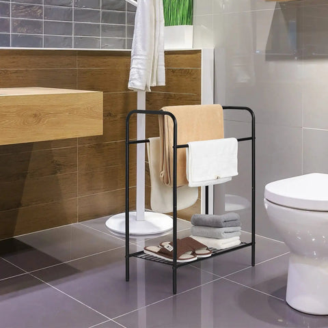 Freestanding 3 Tier Towel Rack Stand With Storage Shelf Black Metal in bathroom with towels and linens displayed