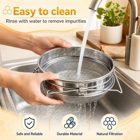 Double Mesh Honey Strainer for Beekeeping, Coarse Top Screen and Fine Bottom Screen Filter, 9x14 Inch being rinsed in sink