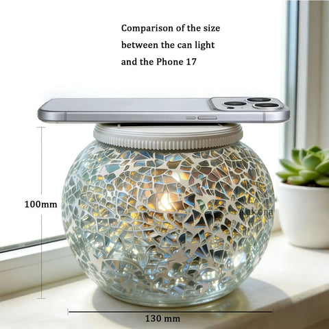 Color Changing Solar Powered Glass Ball Lights For Garden Patio And Indoor Decor Waterproof Table Lamp next to phone.