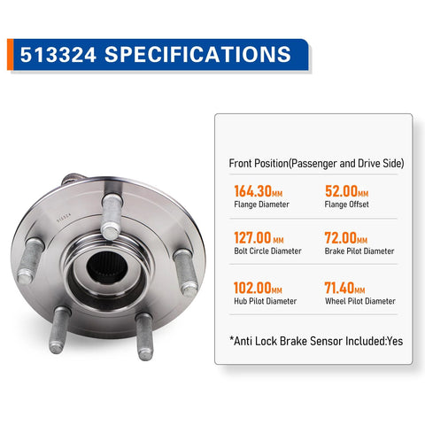 Set Of 2 Front Wheel Hub And Bearing Assemblies 513324 For 2011-2023 Dodge Durango, 2011-2021 Jeep Grand Cherokee Specifications