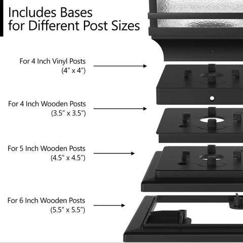 Premium Solar Outdoor Post Cap Lights For 4x4 5x5 And 6x6 Posts, base options for vinyl and wooden posts shown