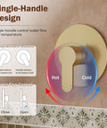 Fresh Gold Tub And Shower Faucet Fixture Set Featuring Dope Six Inch Rain Shower Head Plus Top Shelf Solid Brass Valves For Slick Bathroom Upgrades And Easy DIY Installations single-handle temperature and water flow control knob