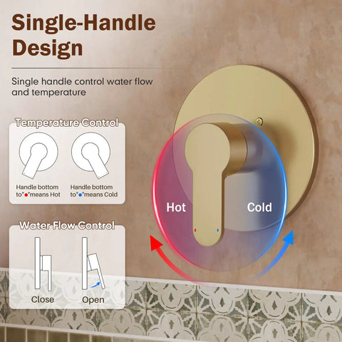 Fresh Gold Tub And Shower Faucet Fixture Set Featuring Dope Six Inch Rain Shower Head Plus Top Shelf Solid Brass Valves For Slick Bathroom Upgrades And Easy DIY Installations single-handle temperature and water flow control knob