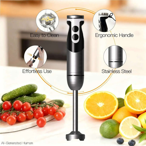 No Fuss 1000W Immersion Hand Blender With Multi Attachments And Quick Chopper 12 Variable Speeds stainless steel design with ergonomic handle.