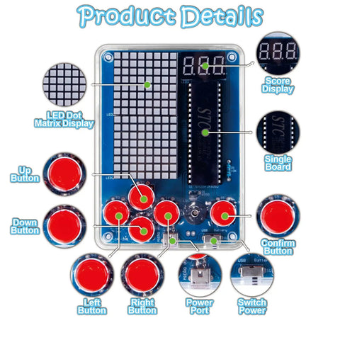 Hands On Soldering Practice Kit For A DIY Game Device With Four Classic Style Games PCB with red buttons and display
