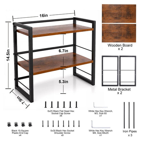 Two Tier Wood Desk Shelf Organizer For Office And Home Space Saving Desktop Bookshelf And Storage Rack exploded view with dimensions