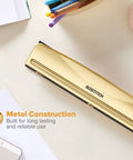 Gold 3 Hole Punch For 12 Sheets Durable Metal Office Punch With Stable Rubber Base on desk with stationery items.