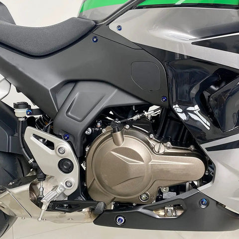 Motorcycle side view with installed Ultimate 210-Piece Stainless Steel Fairing Bolt And Fastener Kit For Top Motorcycles