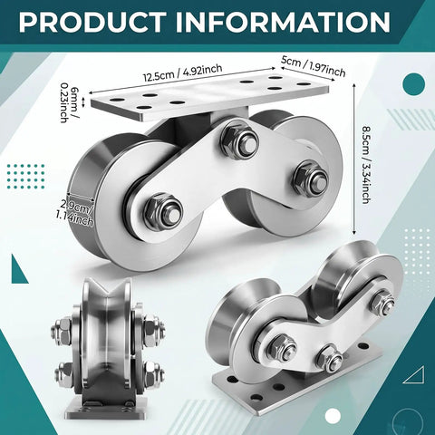 Built Tough Heavy Duty V Shaped Groove Wheel Sliding Gate Casters With Double Bearings And Detachable Brackets For Inverted Tracks And Rolling Door Smooth Rollin Replacement Setup Kit shown from multiple angles with precise dimensions.