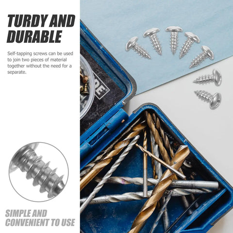 100 Pack Stainless Steel Pan Head Self Tapping Screws For Wood And Thin Metal, Rust Resistant DIY Fasteners displayed with drill bits