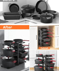 Keep Your Kitchen Organized And Stress Free With This Heavy Duty Under Cabinet Pot Rack Featuring Eight Sturdy Tiers in use, displaying before and after organization.