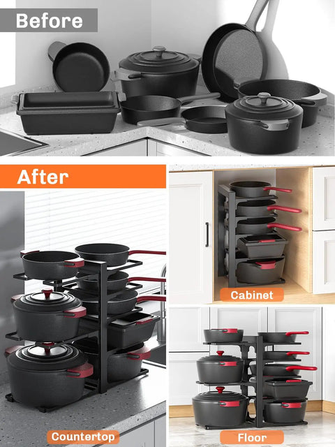 Keep Your Kitchen Organized And Stress Free With This Heavy Duty Under Cabinet Pot Rack Featuring Eight Sturdy Tiers in use, displaying before and after organization.