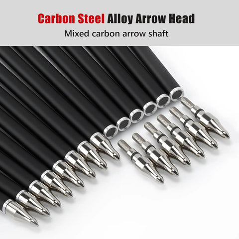 Close-up of 30 Inch Carbon Arrow Set With Removable Tips, 14 Pcs, Spine 500, Hybrid carbon shafts and broadheads
