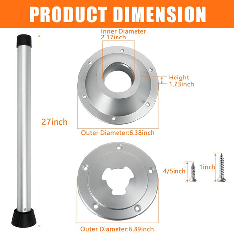 Dimensions of Built Tough 29 Inch Boat Table Leg and RV Camper Stand with Twist Lock System in aluminum and stainless steel.