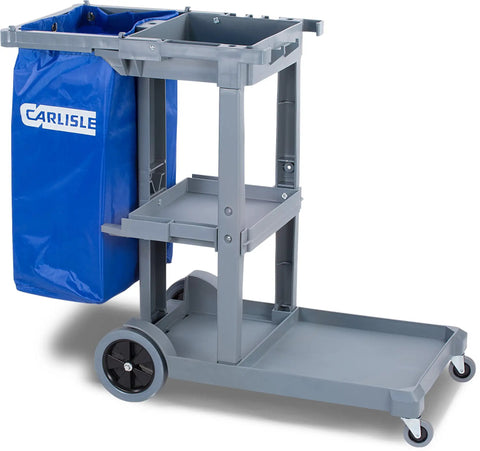 Workhorse Heavy Duty Janitorial Cart 45 Inch Platform With 25 Gallon Trash Bag For Restaurants Hospitals And Schools Plastic Gray With Three Shelf Organization System For Easy Cleanups On The Go