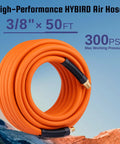 Heavy Duty Truck Tire Inflator Kit And Tough 3/8 X 50 Ft Hybrid Air Hose With Brass Fittings coiled with 300 PSI capacity.