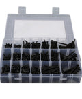 Black Wood Screw Kit, 485-Piece Assortment With Pan Head, Truss Head, And Flat Head Screws, 20 Size Options For Wood And Plastic, DIY Ready High-Precision Threads For A Strong, Long-Lasting Hold. Labeled plastic organizer case with black screws in multiple compartments