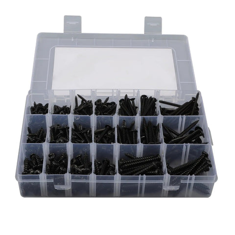 Black Wood Screw Kit, 485-Piece Assortment With Pan Head, Truss Head, And Flat Head Screws, 20 Size Options For Wood And Plastic, DIY Ready High-Precision Threads For A Strong, Long-Lasting Hold. Labeled plastic organizer case with black screws in multiple compartments