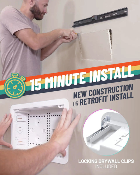 Person installing 9 Inch In Wall TV Media Box With Hidden Cable Management And Recessed Outlet For Roku Apple TV Fire TV Stick