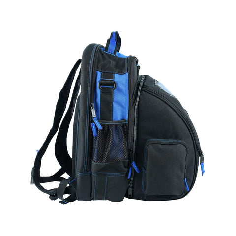 Side view of Electrician Tool Backpack With Helmet Catch Detachable Large Capacity Workhorse Bag Heavy Duty Organizer