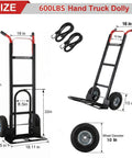 Heavy Duty Aluminum Hand Truck With 600 Pound Capacity And 10 Inch Pneumatic Tires For Extendable Base Platform Hauling and Hella Smooth Zero Sweat Household Moving, showing dimensions and features.