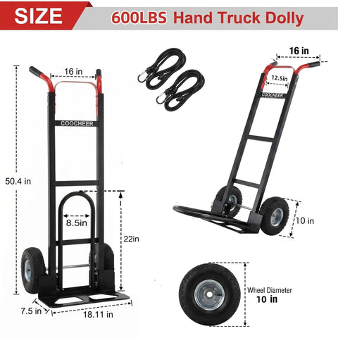 Heavy Duty Aluminum Hand Truck With 600 Pound Capacity And 10 Inch Pneumatic Tires For Extendable Base Platform Hauling and Hella Smooth Zero Sweat Household Moving, showing dimensions and features.