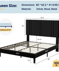 Queen Platform Bed Frame With Adjustable Velvet Headboard And Ultra Comfy Upholstery For Your Chilled Bedroom Sanctuary shown with dimensions and materials.
