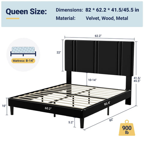 Queen Platform Bed Frame With Adjustable Velvet Headboard And Ultra Comfy Upholstery For Your Chilled Bedroom Sanctuary shown with dimensions and materials.