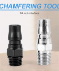 Two chamfering tool connectors with 1/4 inch interface, one black and one silver, suitable for pneumatic tools.