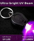 Six Pack 395nm Mini UV LED Keychain Flashlight Black Light For Detections Quick Urine And Bodily Fluid Spotting ID Card And Credit Card Checks Ultra Bright 12 Lumen Ultraviolet Light showing keychain and UV beam