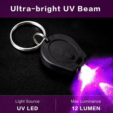 Six Pack 395nm Mini UV LED Keychain Flashlight Black Light For Detections Quick Urine And Bodily Fluid Spotting ID Card And Credit Card Checks Ultra Bright 12 Lumen Ultraviolet Light showing keychain and UV beam