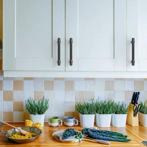 White kitchen cabinets with 10 Pack 3.75 Inch Matte Black Cabinet Pulls for Kitchen Cupboards and Drawers installed