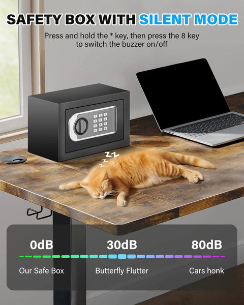 Compact Home Safe Box 0.30 Cu Ft Mini Safe With Digital Keypad on desk beside sleeping cat and laptop