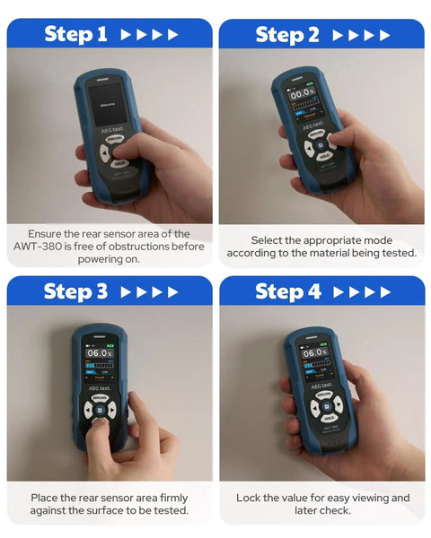 Rechargeable Pinless Moisture Meter For Wood Drywall And Masonry With Color Display, Adjustable Alarm, Data Logs, And Non Destructive Water Leak Detection, Ultra Fast One Second Readings And Dual Scan Per Second For Home Use, step-by-step use