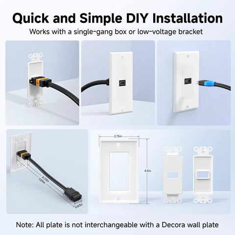 Premium 4K HDMI Wall Plate Two Pack One Port Socket Plug And Play For Home Theater And Gaming installation with cable