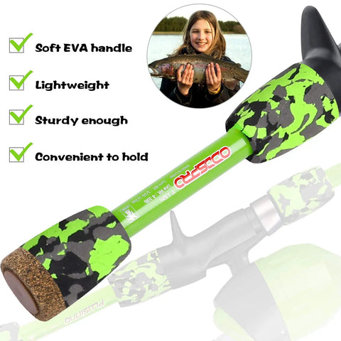 All In One Kid Friendly Fishing Rod And Reel Set with soft EVA handle and camo design, great gift for young anglers