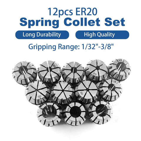 12Pcs ER-16 Collet Set for CNC Milling and Turning Tools 1/32 to 3/8 Inch durable spring collets in carbon steel