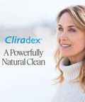 Cliradex logo on a pale background beside a smiling woman in a cream sweater; front view.