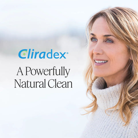 Cliradex logo on a pale background beside a smiling woman in a cream sweater; front view.